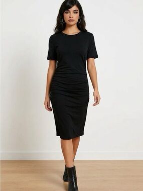SHEIN Black Midi Ruched T-Shirt Dress